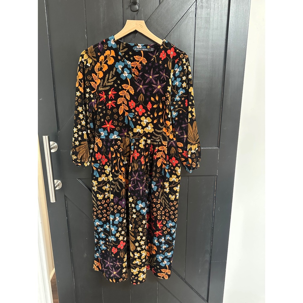 Gudrun Sjoden Floral Velour Midi Dress Black Multi Organic Cotton Size S Artsy